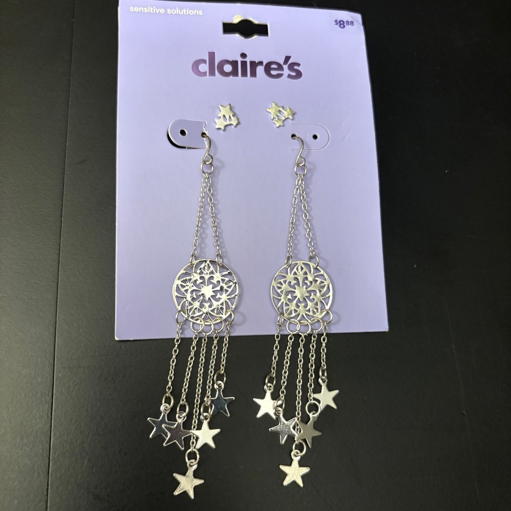 NWT Claire's Dangle Earrings Star Dreamcatcher Silver Tone; Star Studs